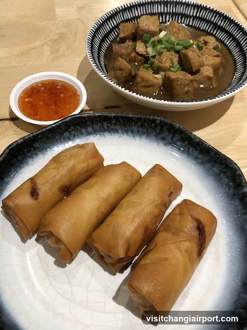 Spring Rolls and Braised Tofu with Chili Sauce