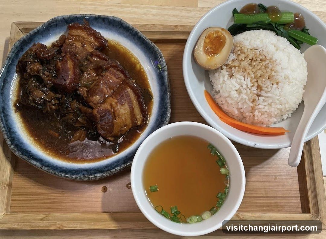 Lunch Tray with Braised Pork, Rice Bowl and Soup