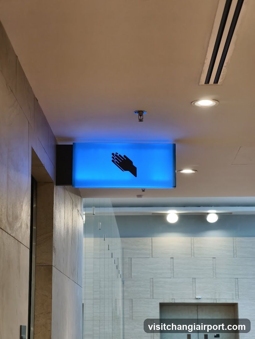 Blue Hand Sign in Interior Space