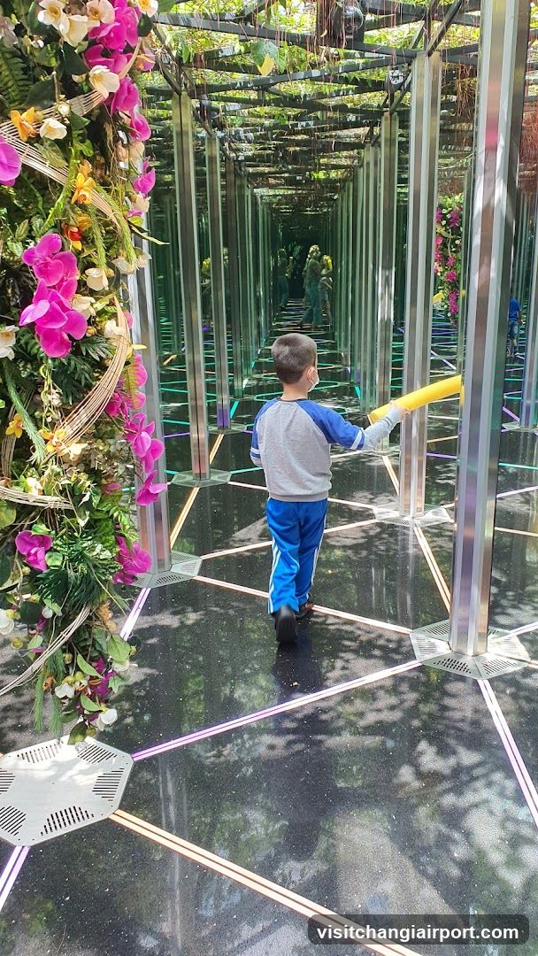 Child in a mirrored garden tunnel