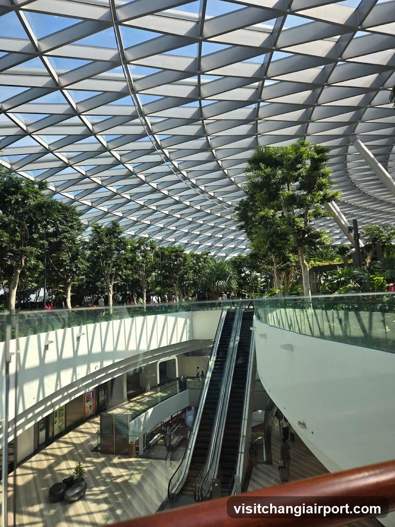 Indoor atrium with escalator and greenery