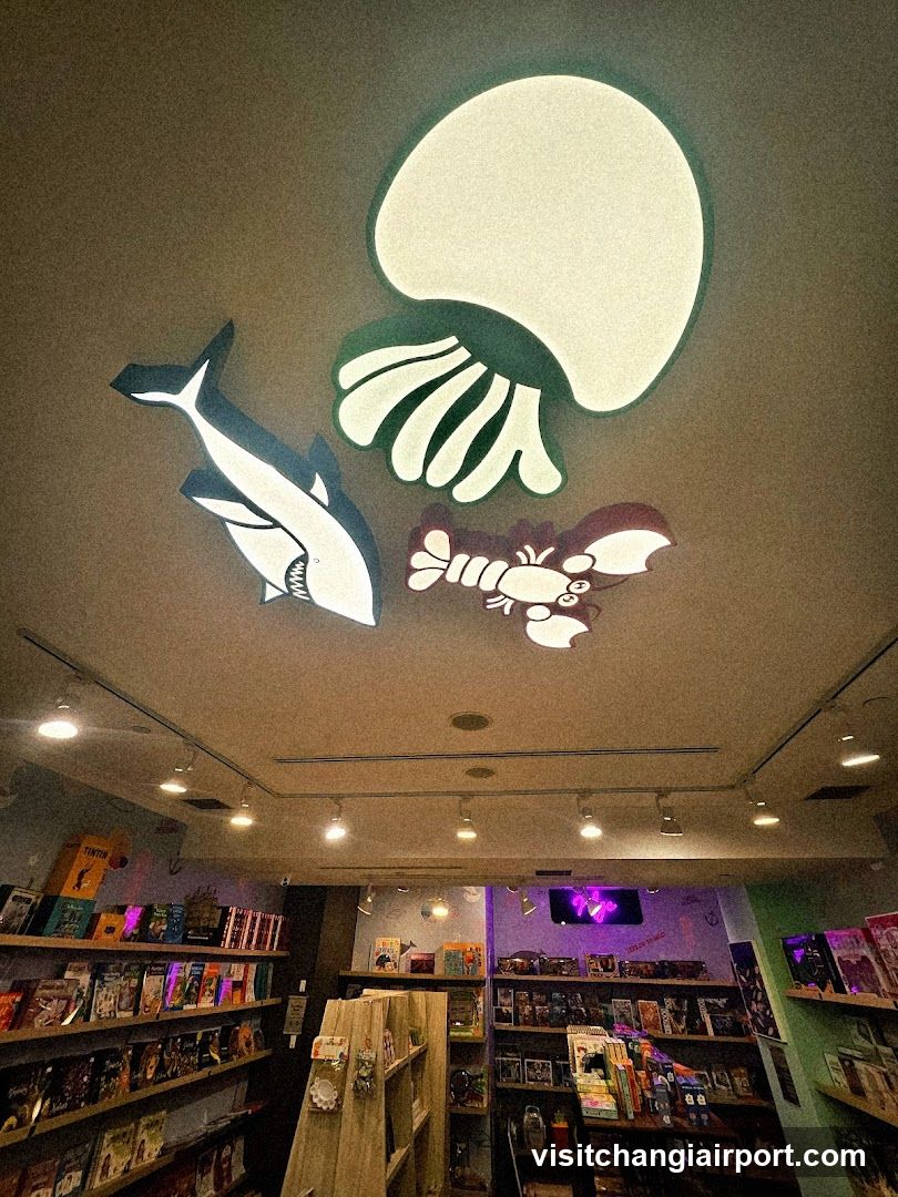 Interior of a bookstore or gift shop with ceiling art
