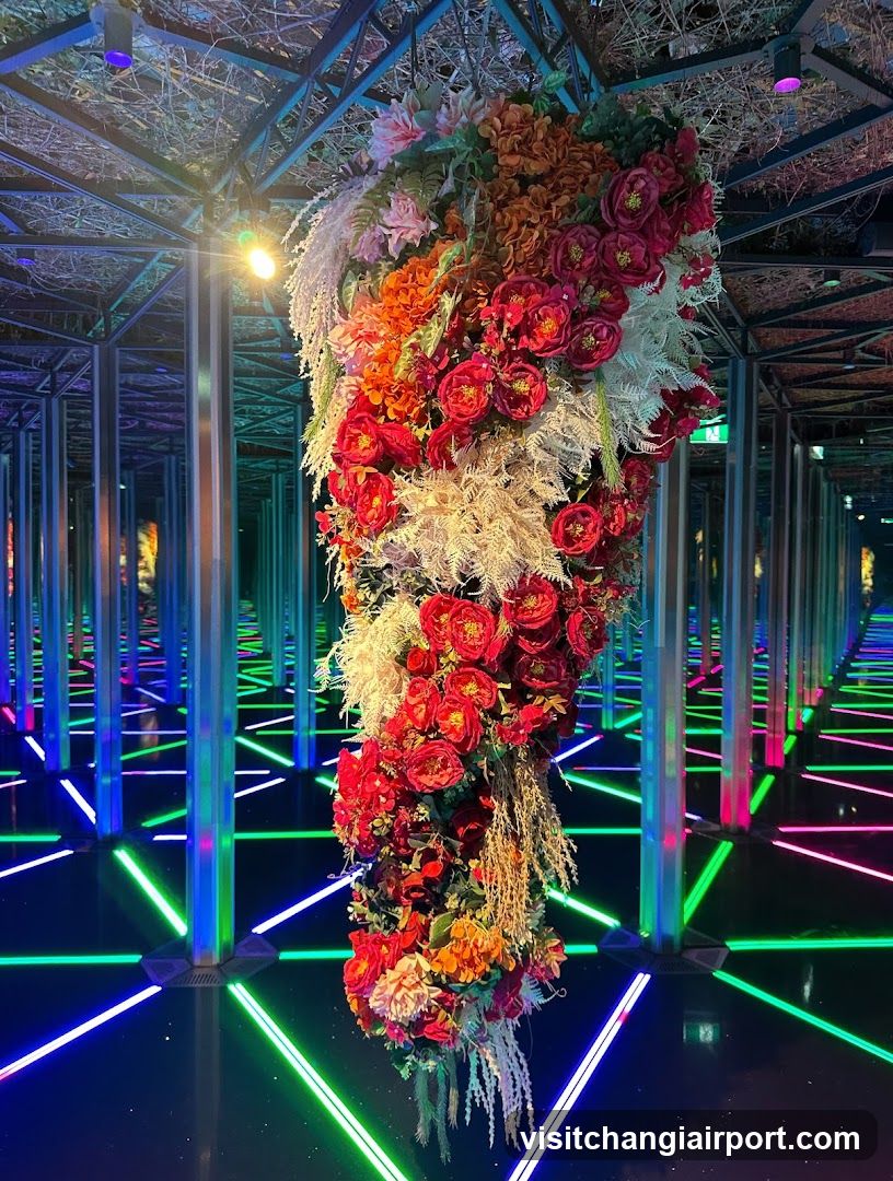 Floral Installation in Neon Corridor