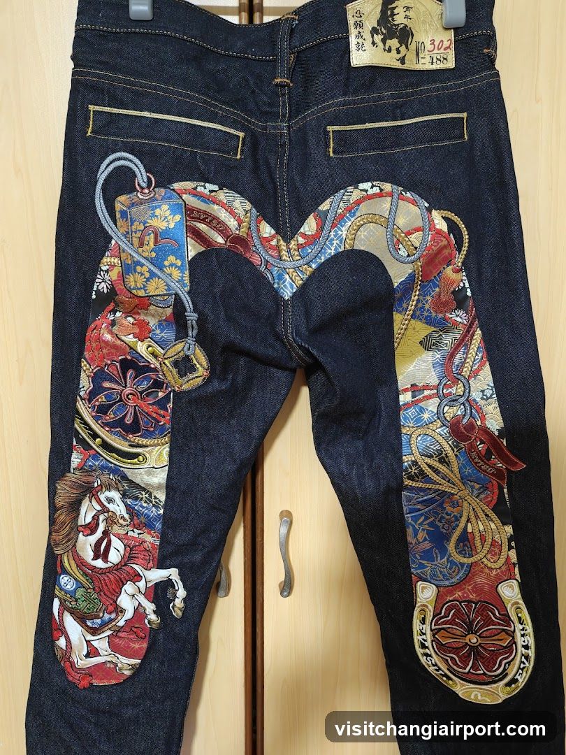 Decorative Denim Jeans with Japanese Artwork