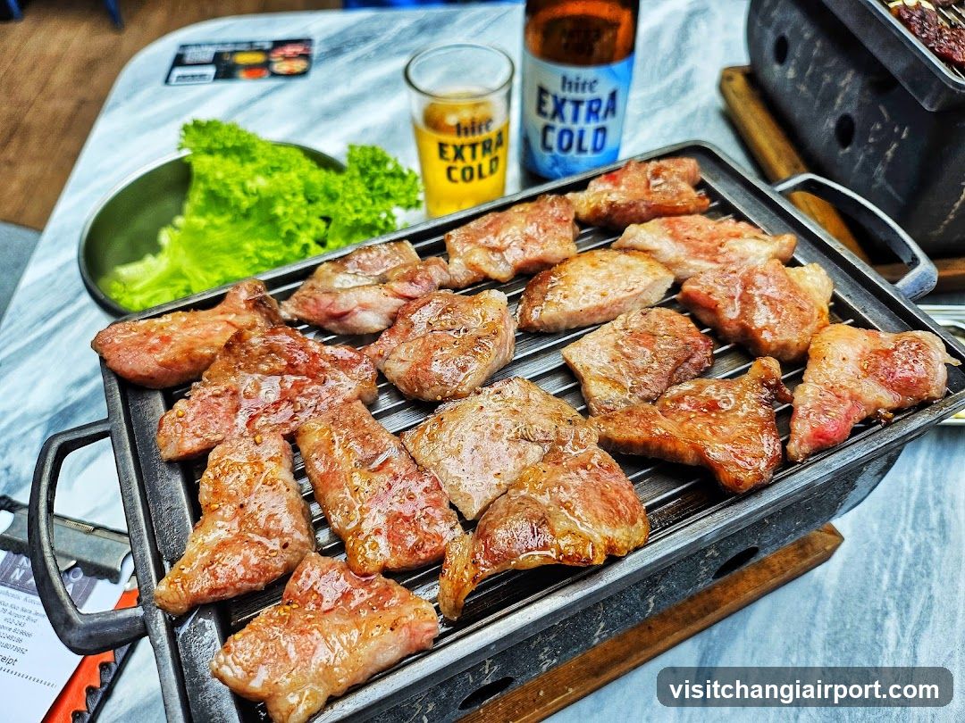 Grilled Meat with Drinks and Greens