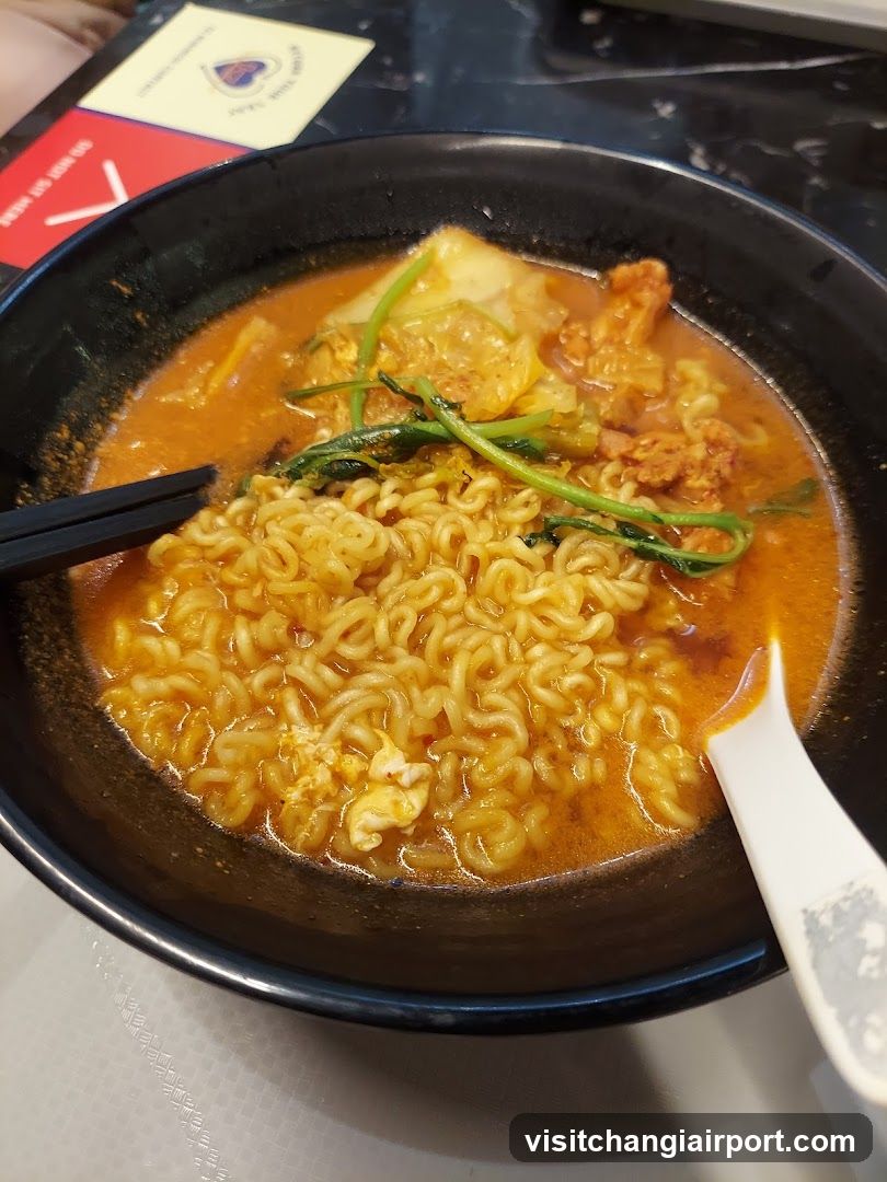 Bowl of Instant Noodles with Broth and Toppings