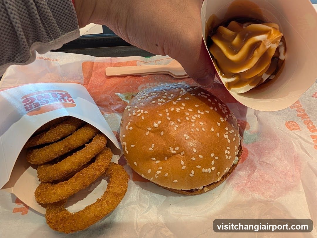 Burger and Onion Rings with Caramel Sauce