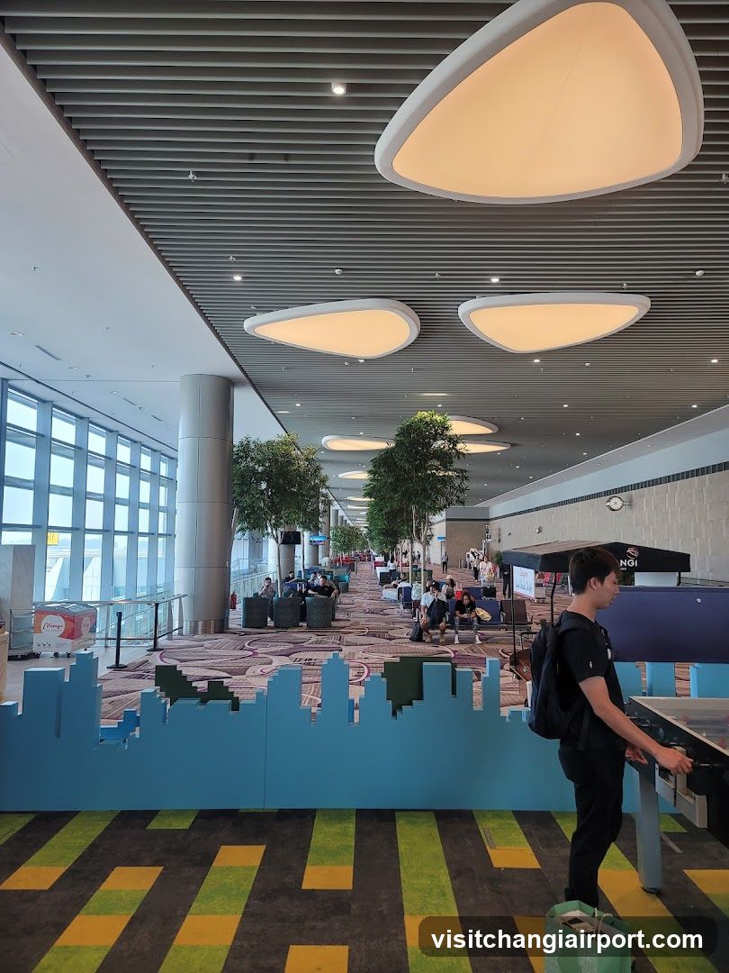 Airport Terminal Interior with Cityscape Display