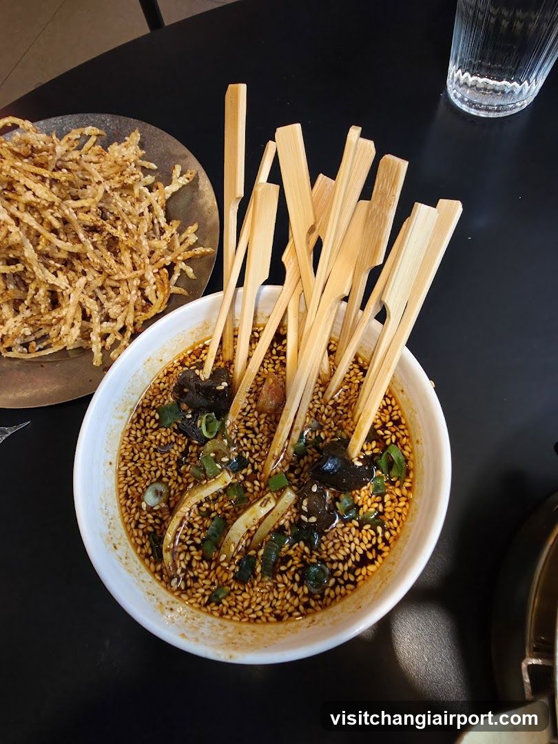 Spicy Sesame Bowl with Skewers and Fried Snacks