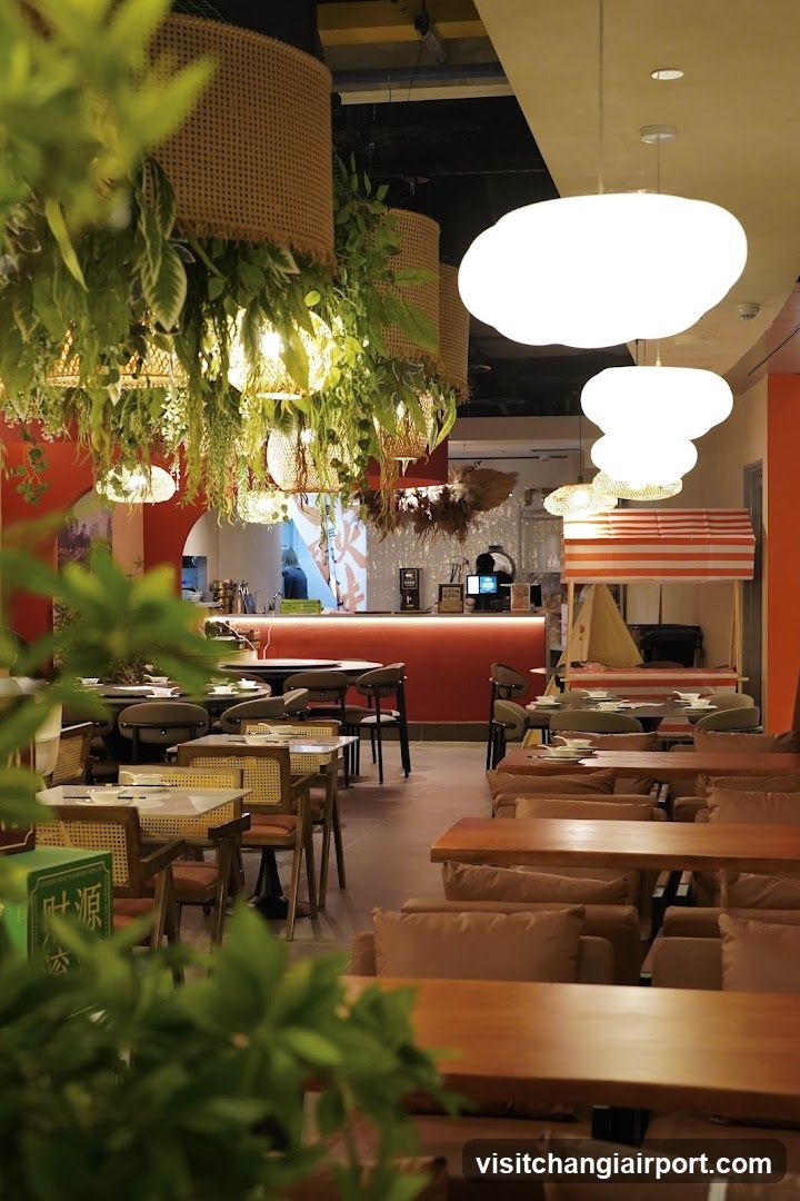 Restaurant Interior with Hanging Plants and Warm Lighting