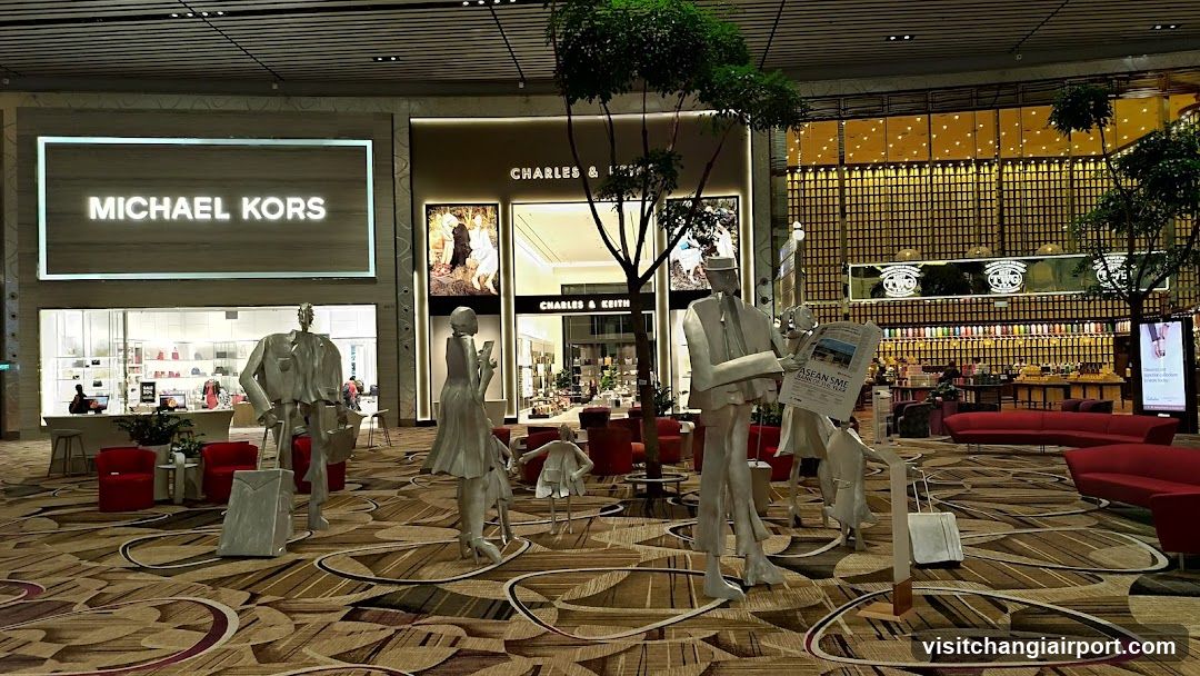 Airport Terminal Interior with Brand Storefronts and Sculptural Installations