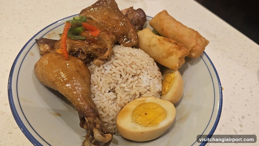 Chicken Rice Bowl with Spring Rolls and Boiled Eggs