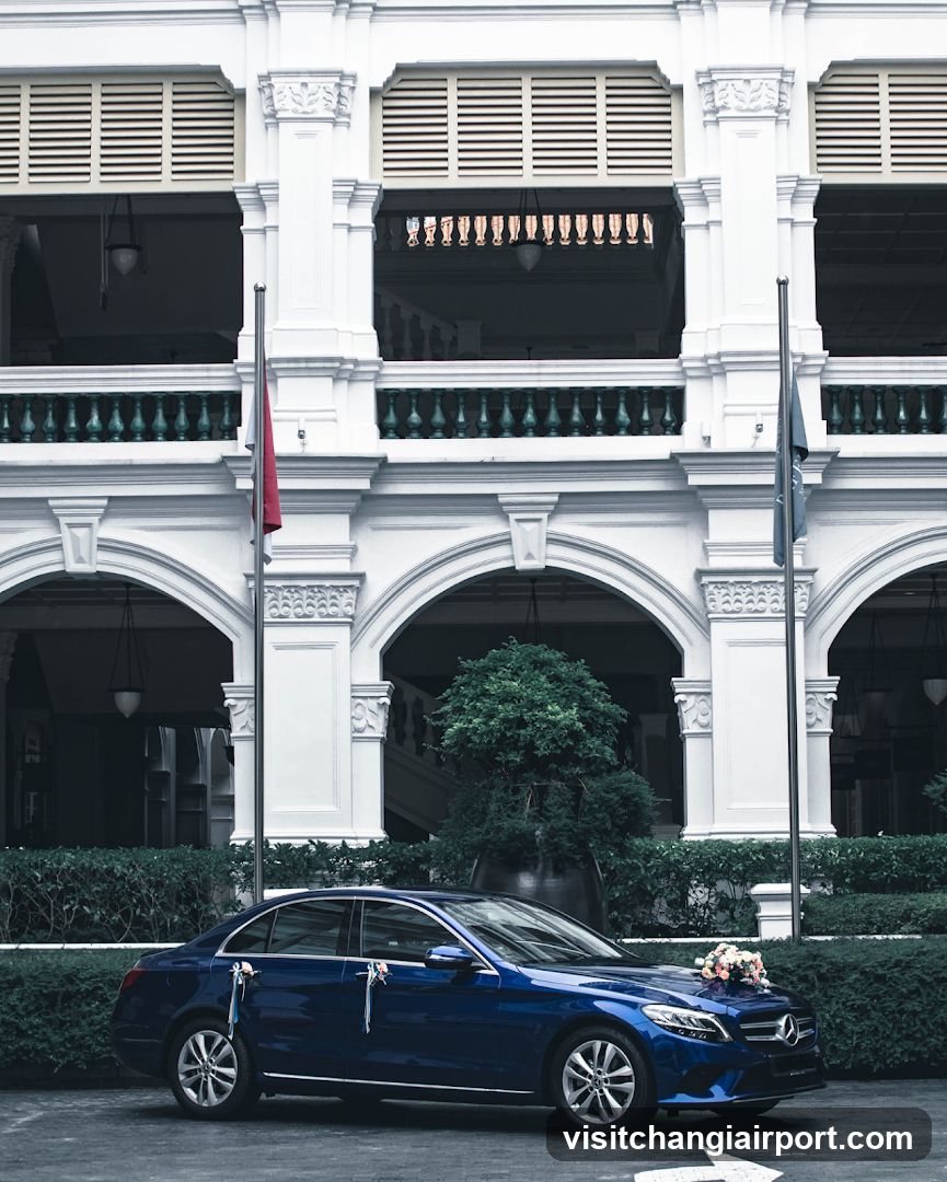 Blue Mercedes-Benz Sedan in Front of Colonial Building