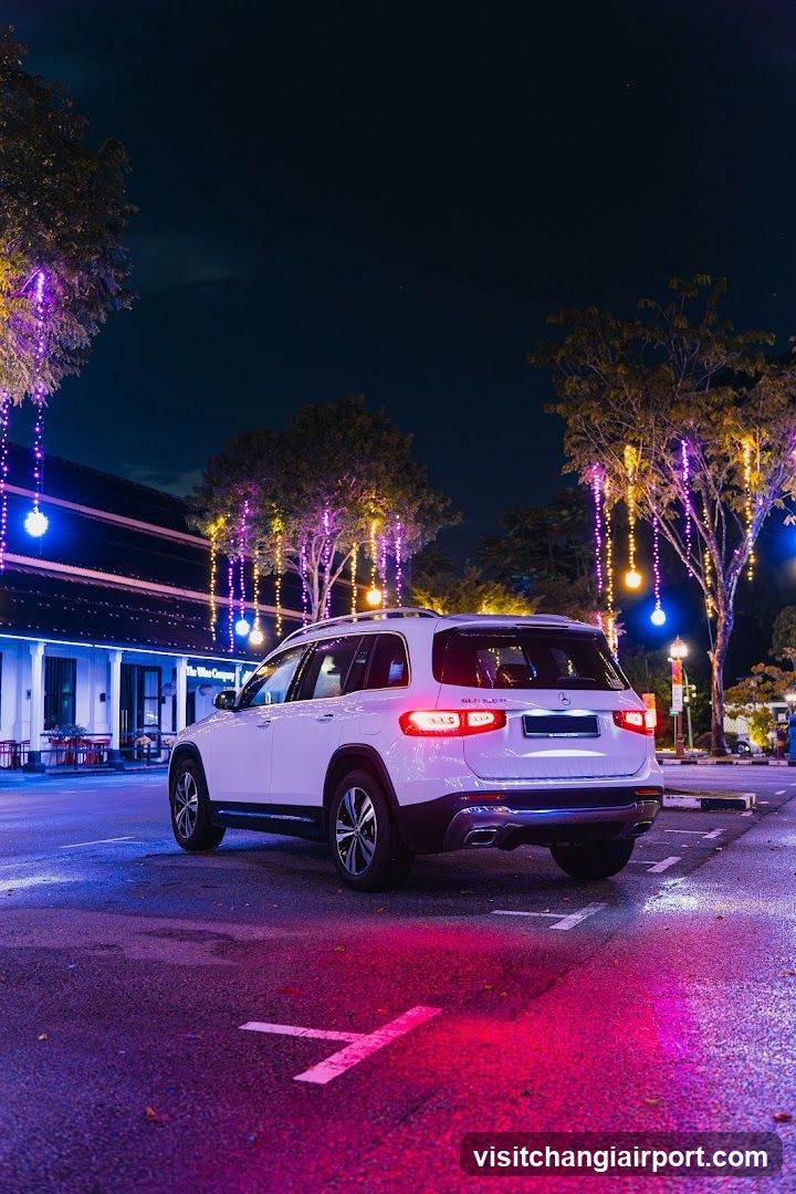 Night Street Scene with Decorated Trees and White SUV