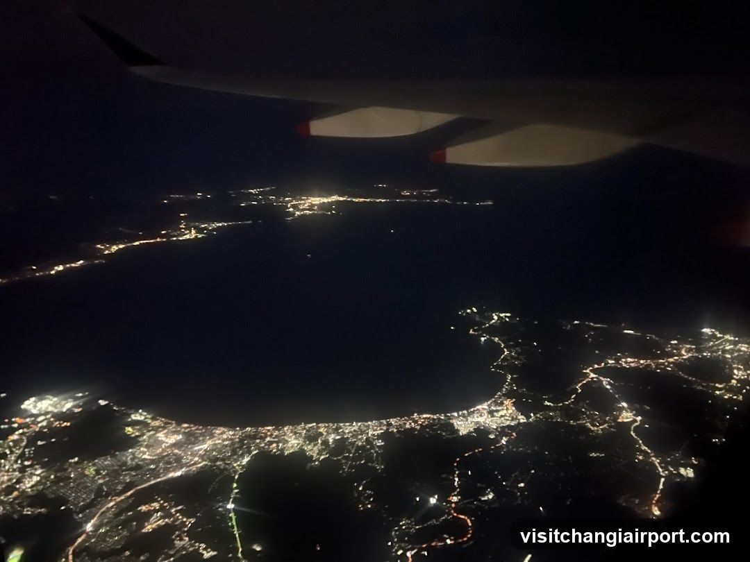 Night flight view from airplane window