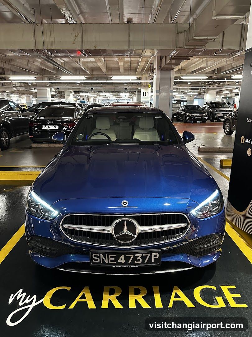 Blue Mercedes in Parking Garage