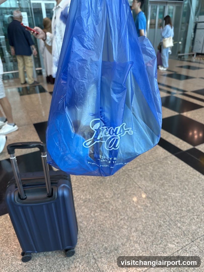Blue plastic bag with logo and suitcase in public space