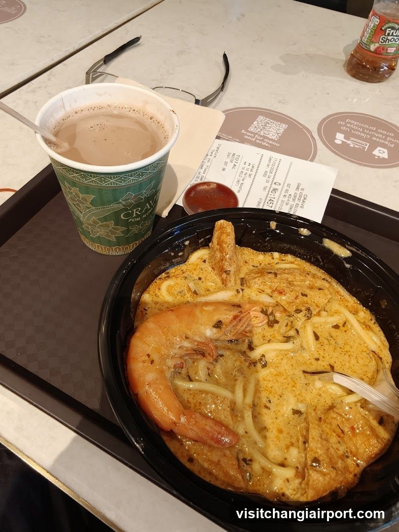 Food Tray with Curry Noodles and Drink