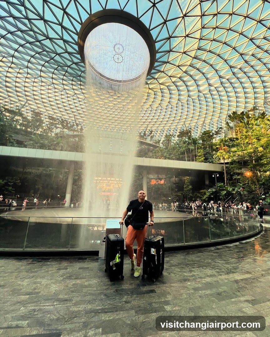 Traveler with luggage near indoor waterfall