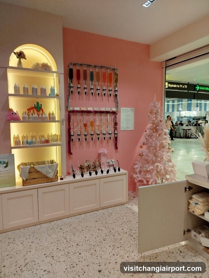 Pink-themed shop interior with product display and Christmas tree