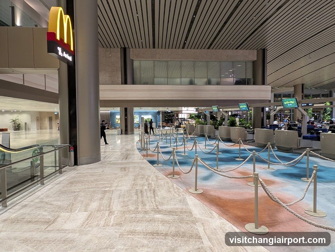 Airport Terminal Interior with Queuing Area and McDonald's Signage