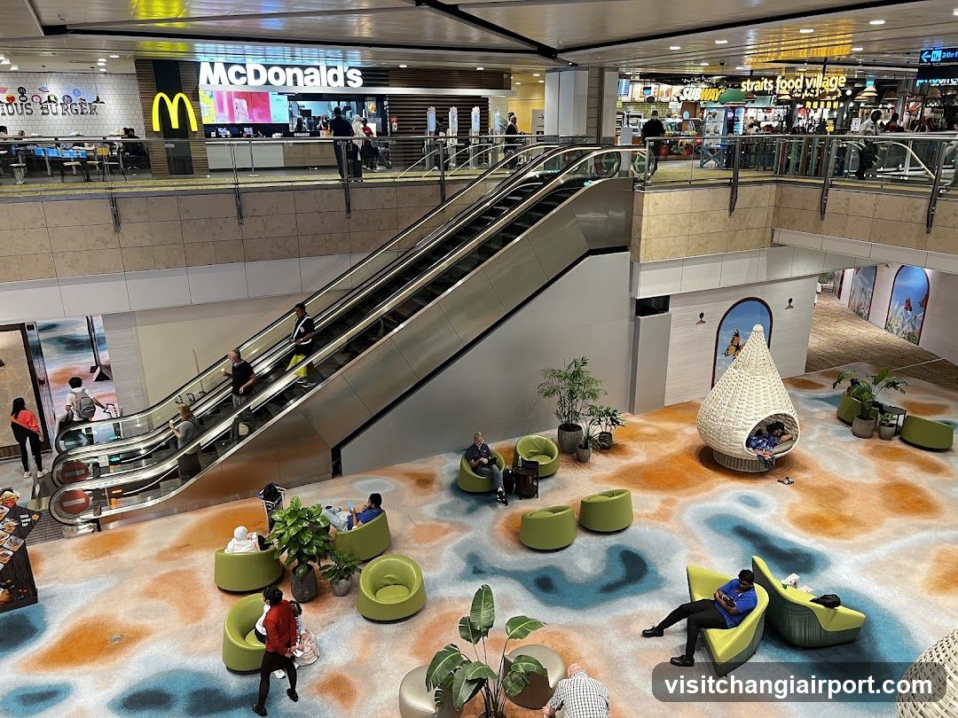 Shopping Mall Interior with Escalator and Seating Area