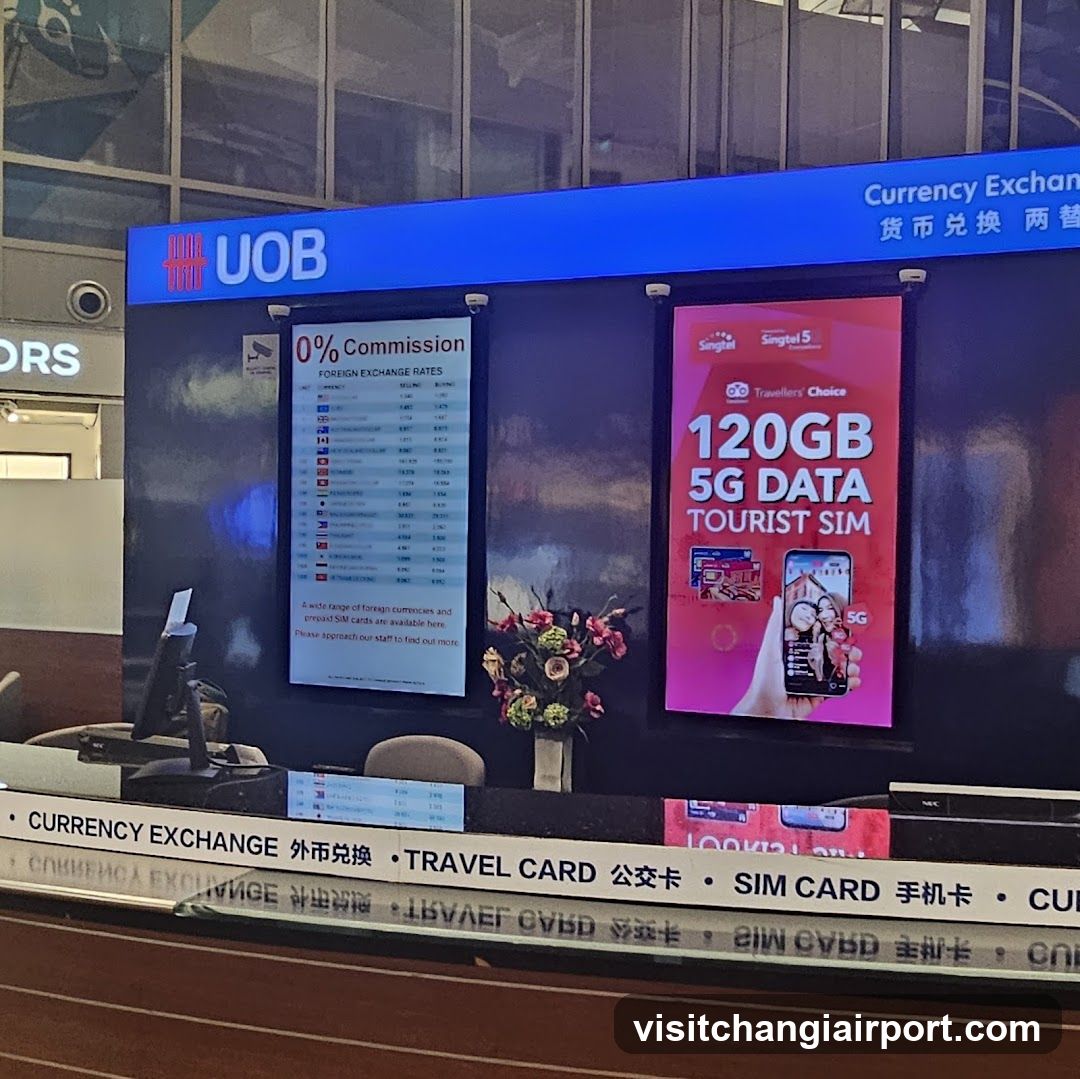 A UOB currency exchange counter with a blue sign displaying 'Currency Exchange' and Chinese characters. A poster advertises '120GB 5G Data Tourist SIM'. Another poster lists foreign exchange rates with '0% Commission'. A floral arrangement sits on the counter, which also displays signs for travel cards and SIM cards.