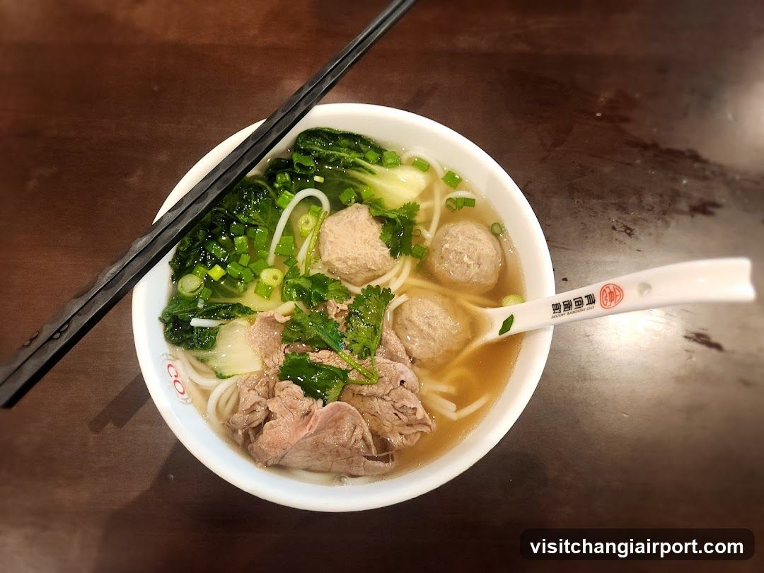 Bowl of Noodle Soup with Meatballs and Greens