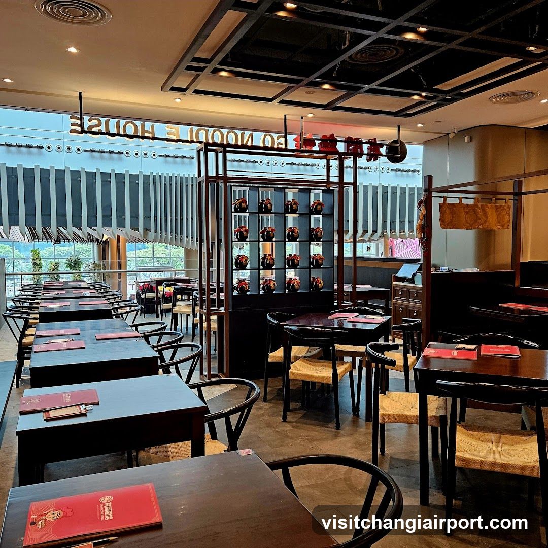 Restaurant Interior with Red Menus and Decorative Shelves