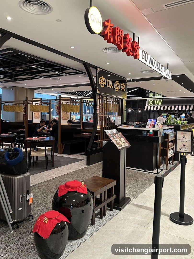 Restaurant Interior with Decorative Jars and Luggage