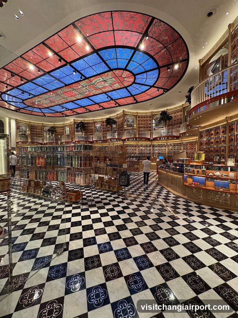 Interior of a luxury store with stained glass ceiling