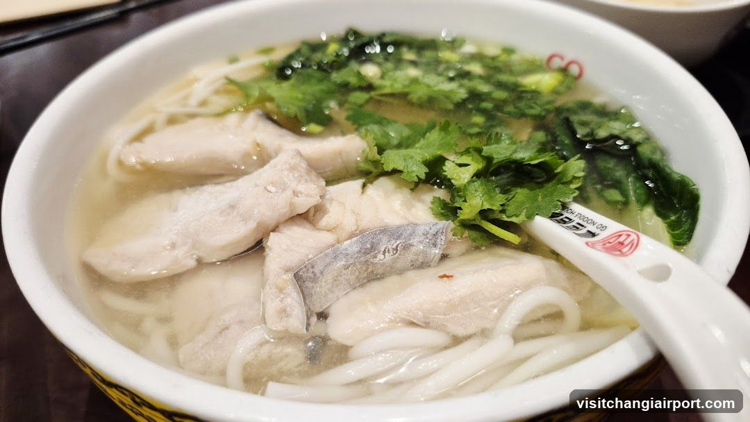 Bowl of Noodle Soup with Fish and Cilantro