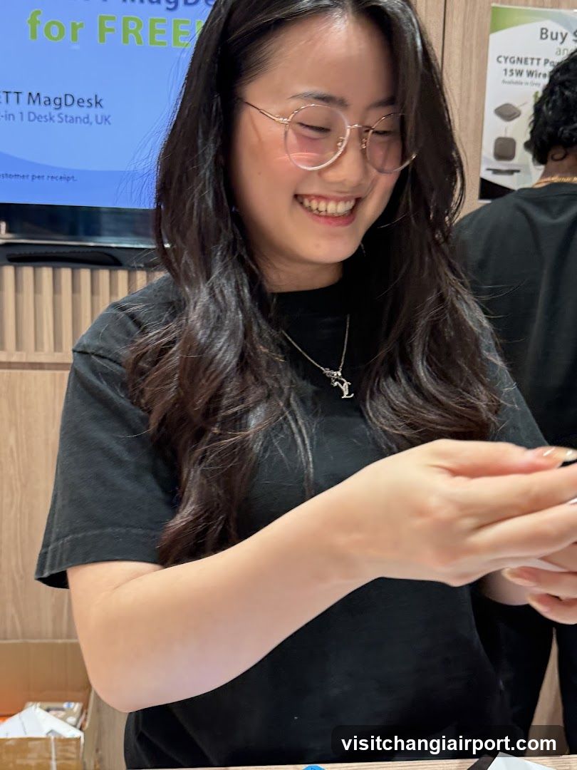 Woman with glasses smiling while holding phone indoors