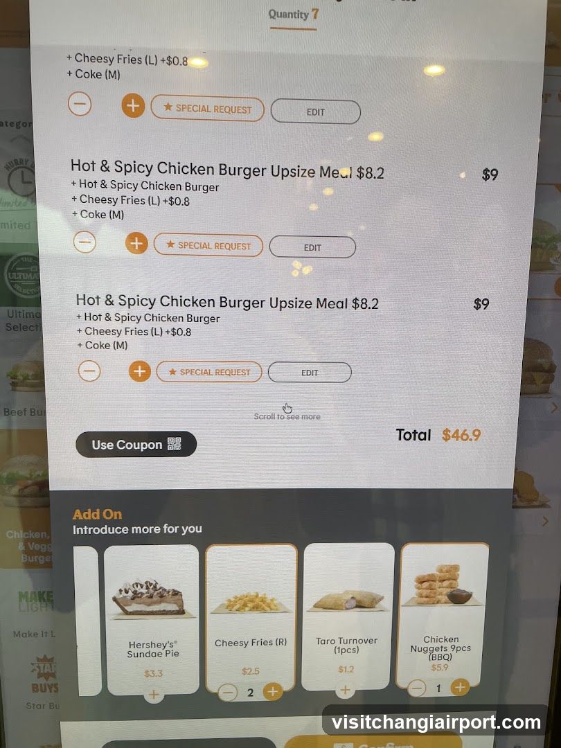 Food Ordering Screen with Upsized Meals and Add-Ons