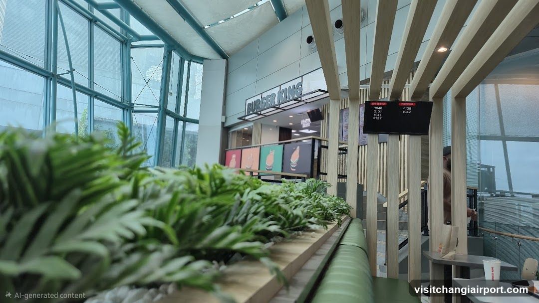 Indoor Food Court Area with Greenery and Restaurant Signage