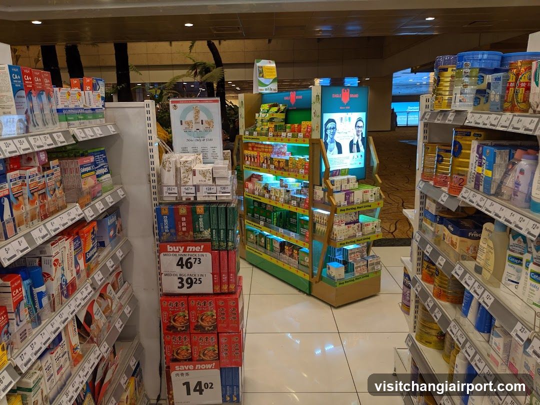 Aisle view of a pharmacy or health store interior
