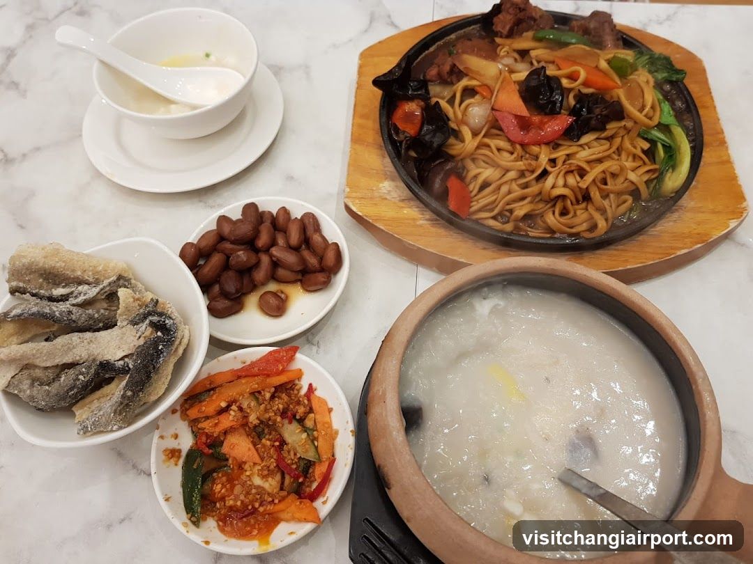 Breakfast Spread with Noodles and Porridge