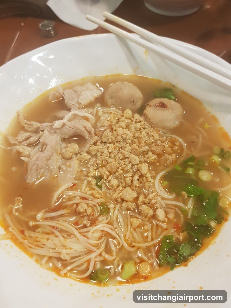 Bowl of Noodle Soup with Meatballs and Crispy Toppings