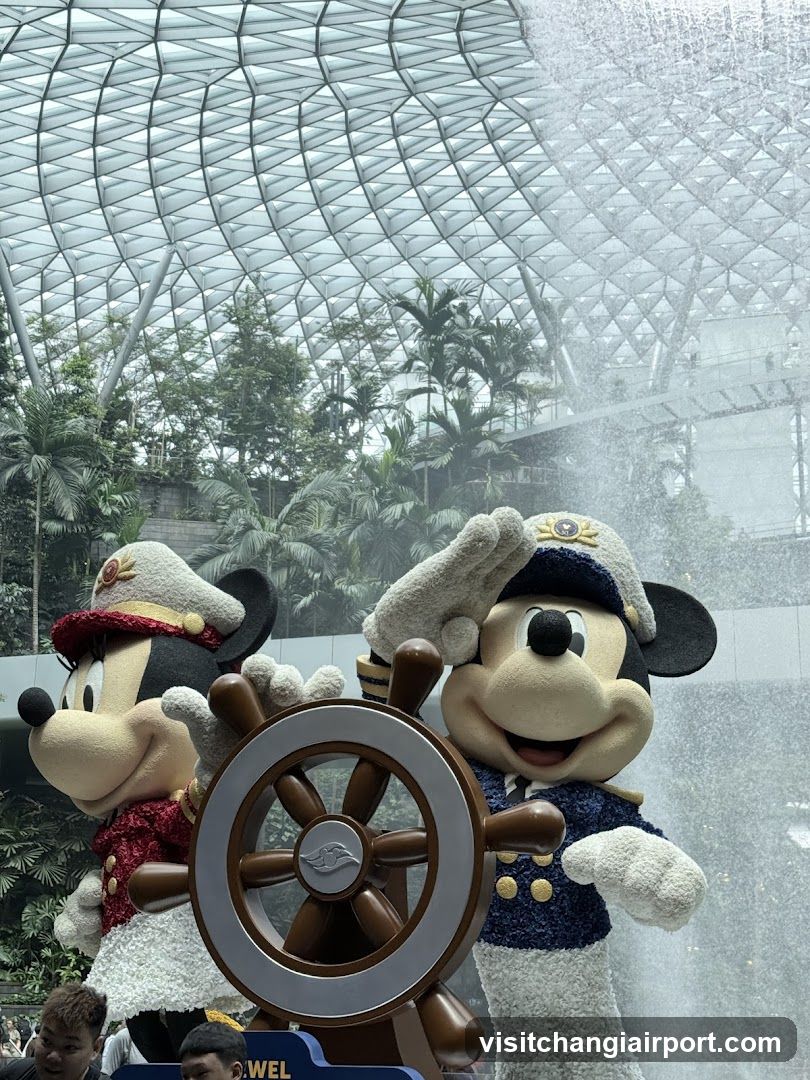 Mickey and Minnie at a ship wheel display