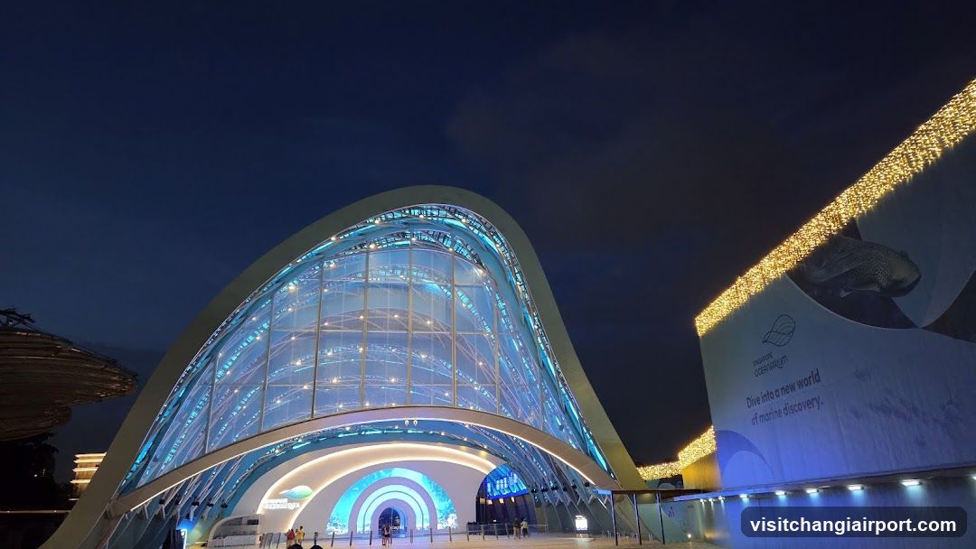 Night View of a Modern Architectural Structure with Illuminated Facade and Adjacent Wall Display