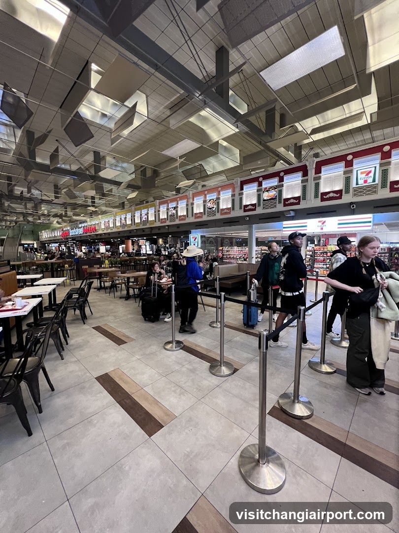 Airport Terminal Interior with Queuing Passengers and Food Court Area