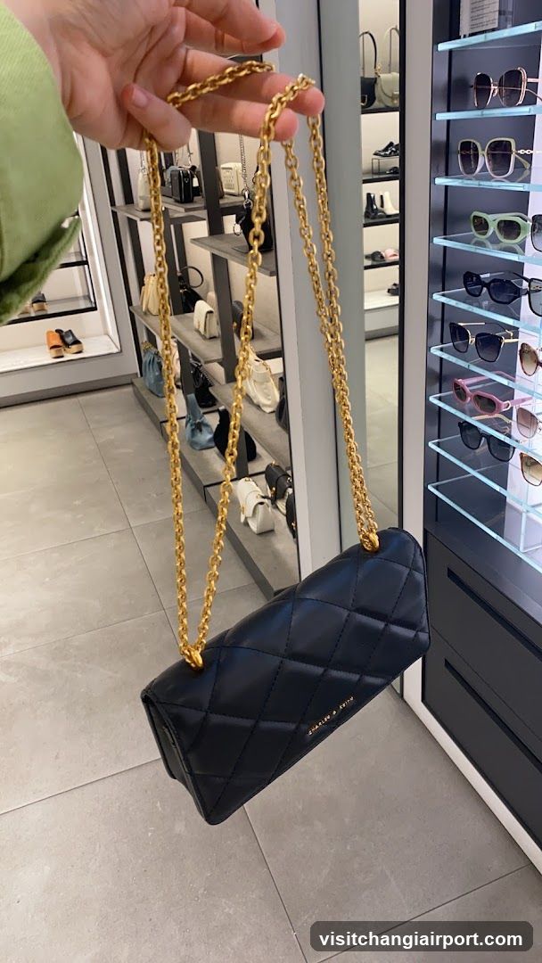 Hand holding a black quilted handbag with gold chain strap in a retail store