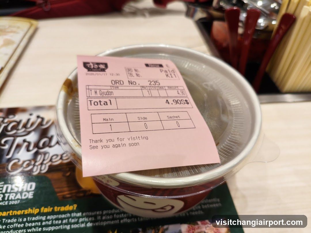 Food receipt and container on table