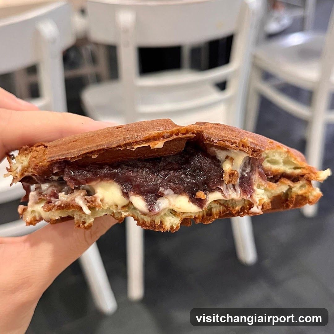 Hand holding a waffle sandwich with red bean filling