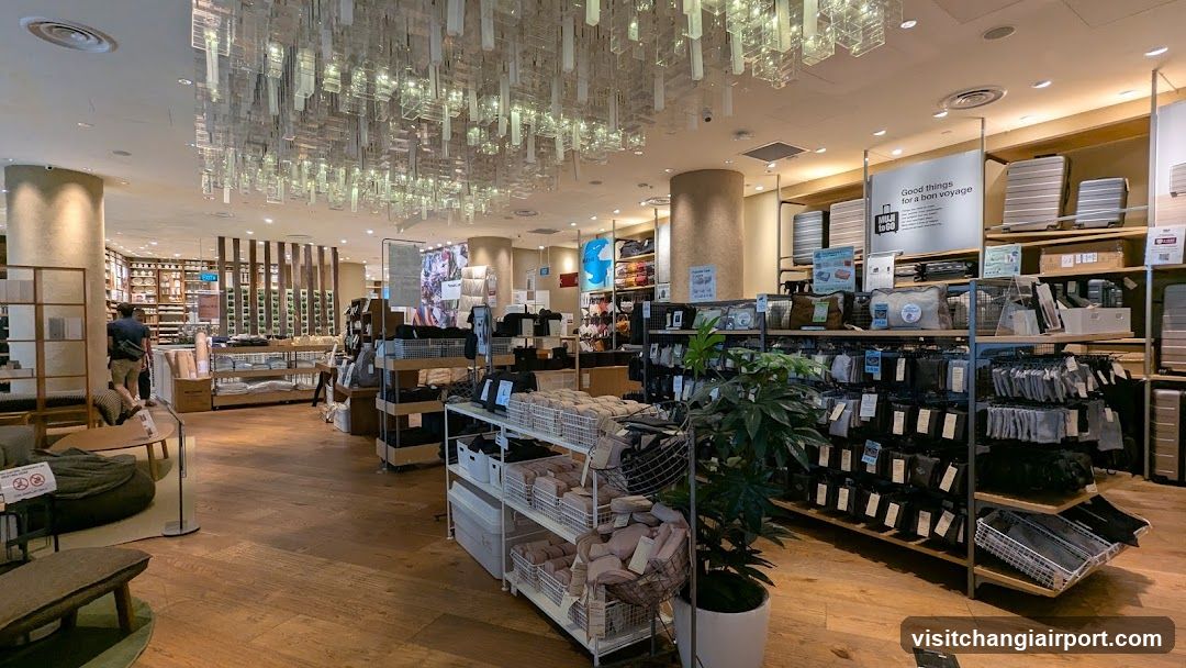 Interior of a modern retail store with hanging crystal chandelier and organized merchandise displays.