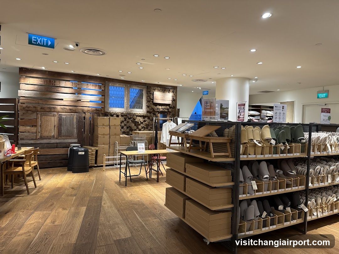 Interior of a retail store with wooden flooring and product displays