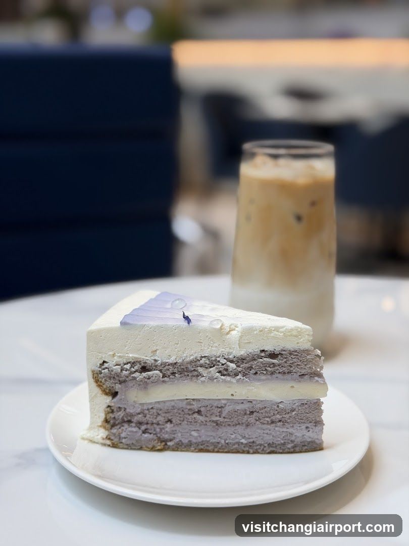 Slice of layered cake with iced coffee