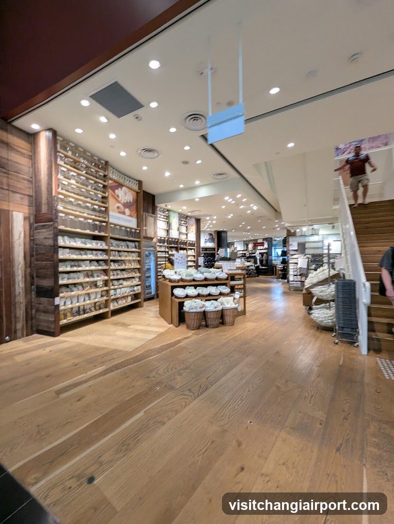 Interior of a well-lit store with wooden floors and shelves