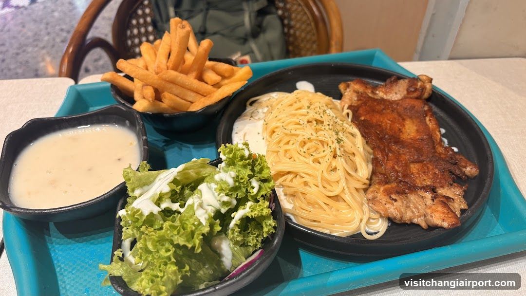 Meal Tray with Pasta, Chicken, Fries and Salad