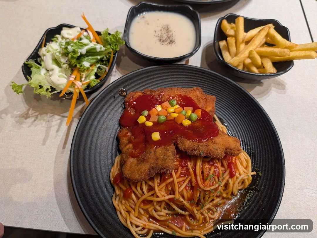Spaghetti with Breaded Cutlet and Side Dishes
